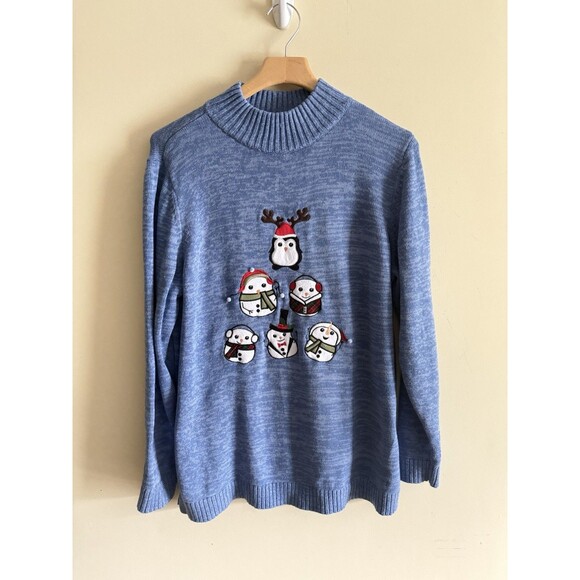 CJ Banks Furry Penguin Scarf Earmuffs Winter Holiday Blue Ugly Sweater Size XL - Picture 1 of 6